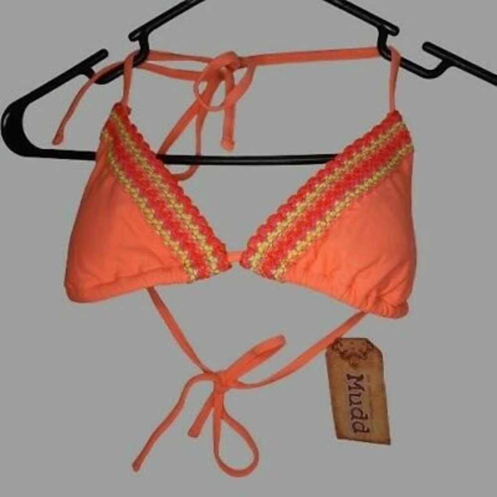 NWT Mudd XS Crochet Neon Orange Bikini Swimsuit Bathing Suit Separates TOP ONLY